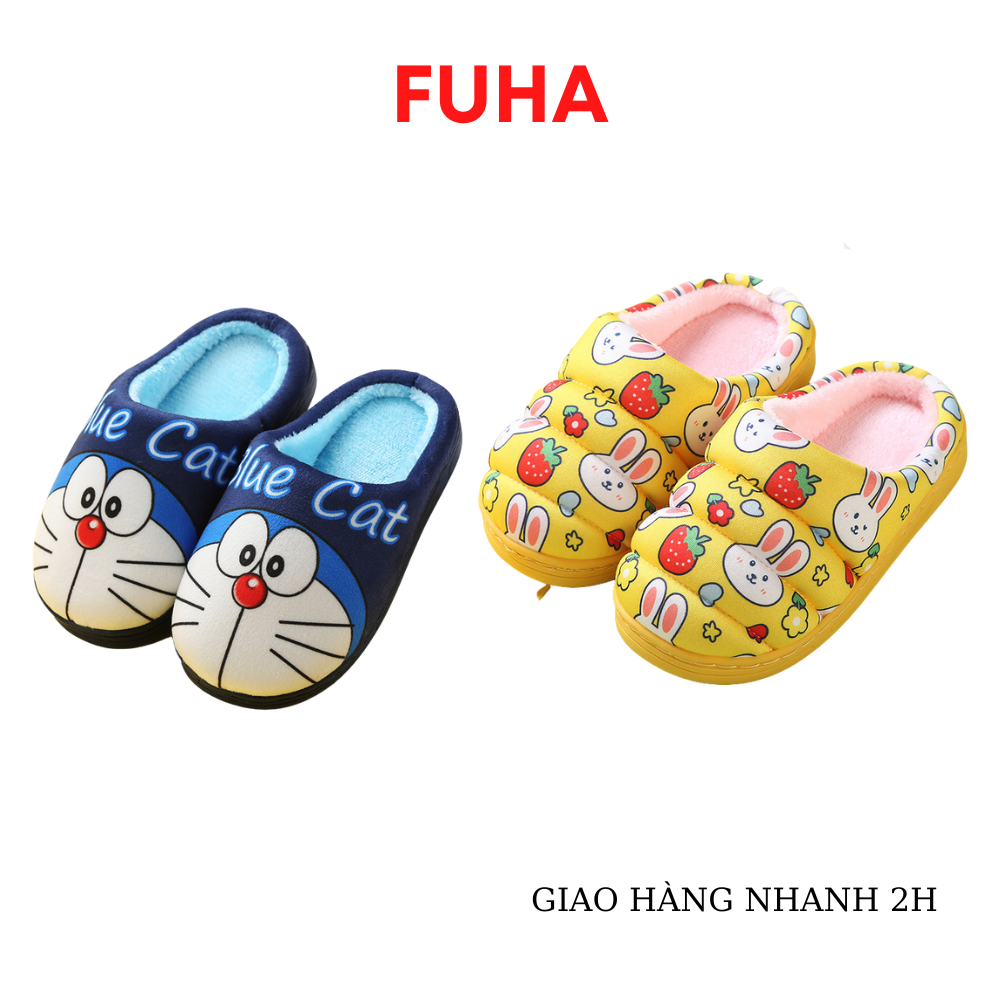 [HÀNG QUẢNG CHÂU] Dép bông trong nhà cho bé FUHA, dép lông mùa đông hình Doremon - Hello Kitty dễ thương
