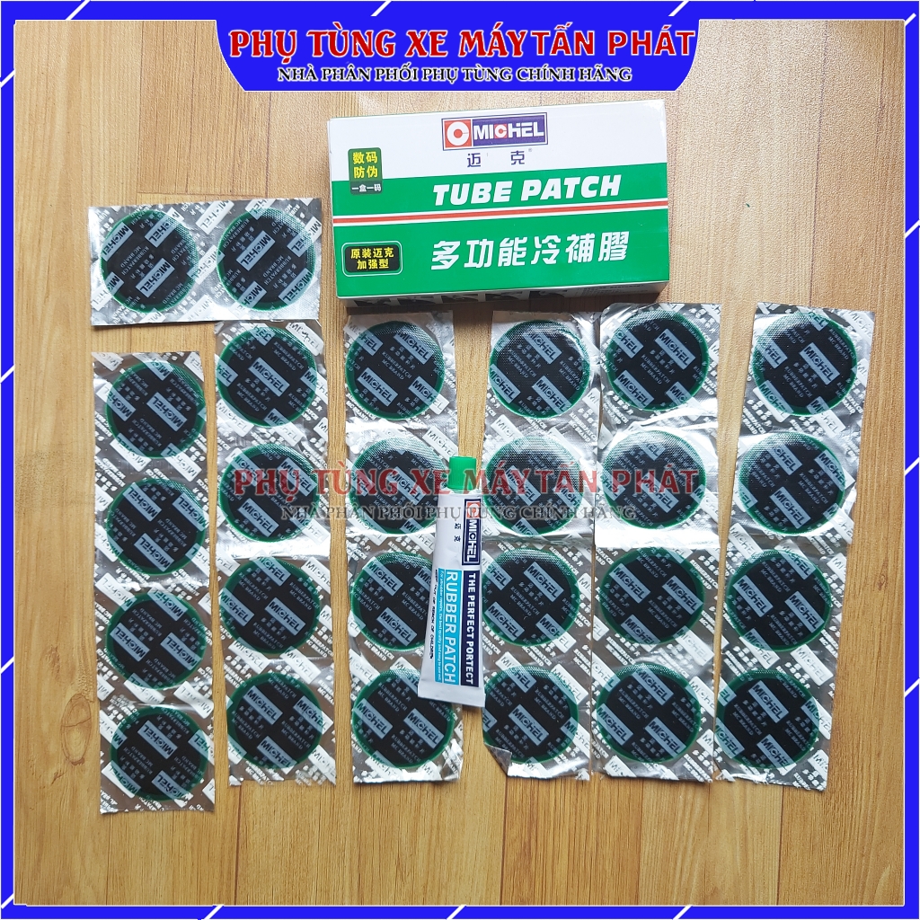 Hộp 26 miếng tròn lớn 42mm + tuýp keo vá ruột xe máy xe đạp hãng michel