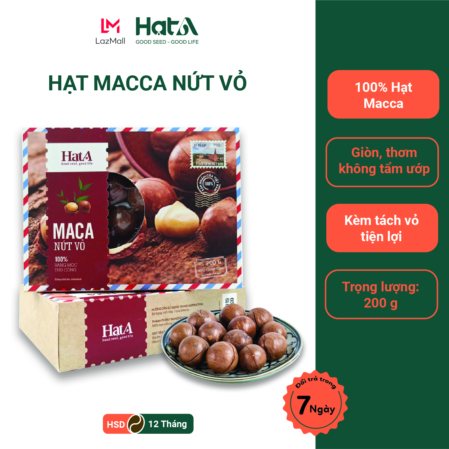 Hạt Macca Nứt Vỏ Hạt A Cafe 100% Rang Mộc Thủ Công - Không Chất Béo, Cholesterol - Có Kèm Lẫy Tách Vỏ 200g