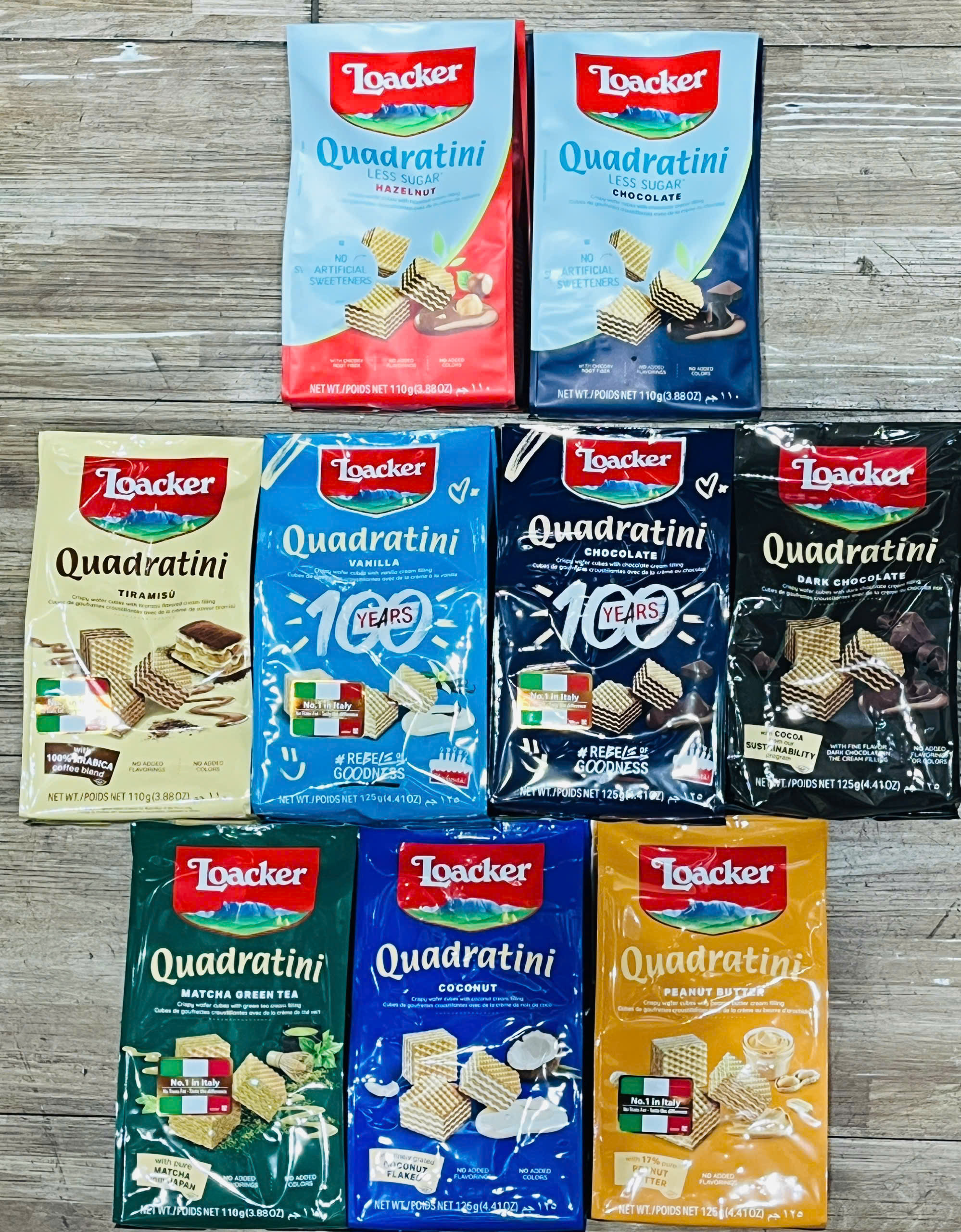 Date 27 Bánh xốp Loacker Quadratini của Ý nhiều vị 125g - socola, socola đắng, vani, hạt dẻ 125g và 110g