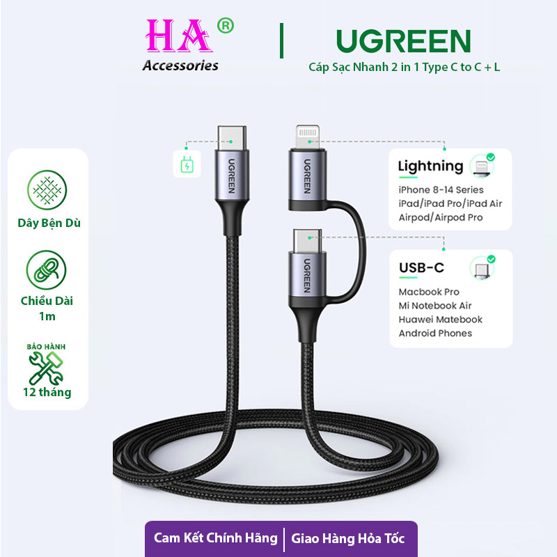Cáp sạc nhanh 2 in 1 ugreen 60329 type-c to c 100w , type-c to l cho iphone max 60w
