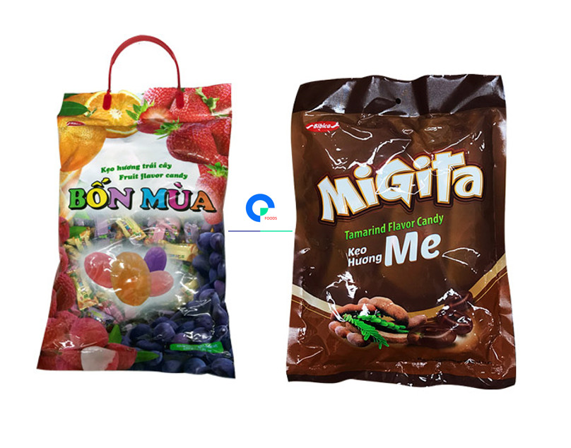 Kẹo bốn mùa túi lớn 650g - kẹo migita me túi lớn 400g - bibica