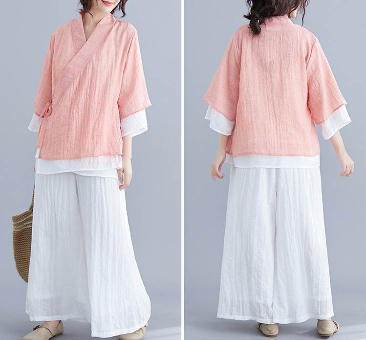Quần áo Thiền Chay, đồ lam đi lễ chùa, trang phục ngồi thiền và tập yoga vải đũi mềm 2 lớp cổ chéo (Hồng Nhạt)