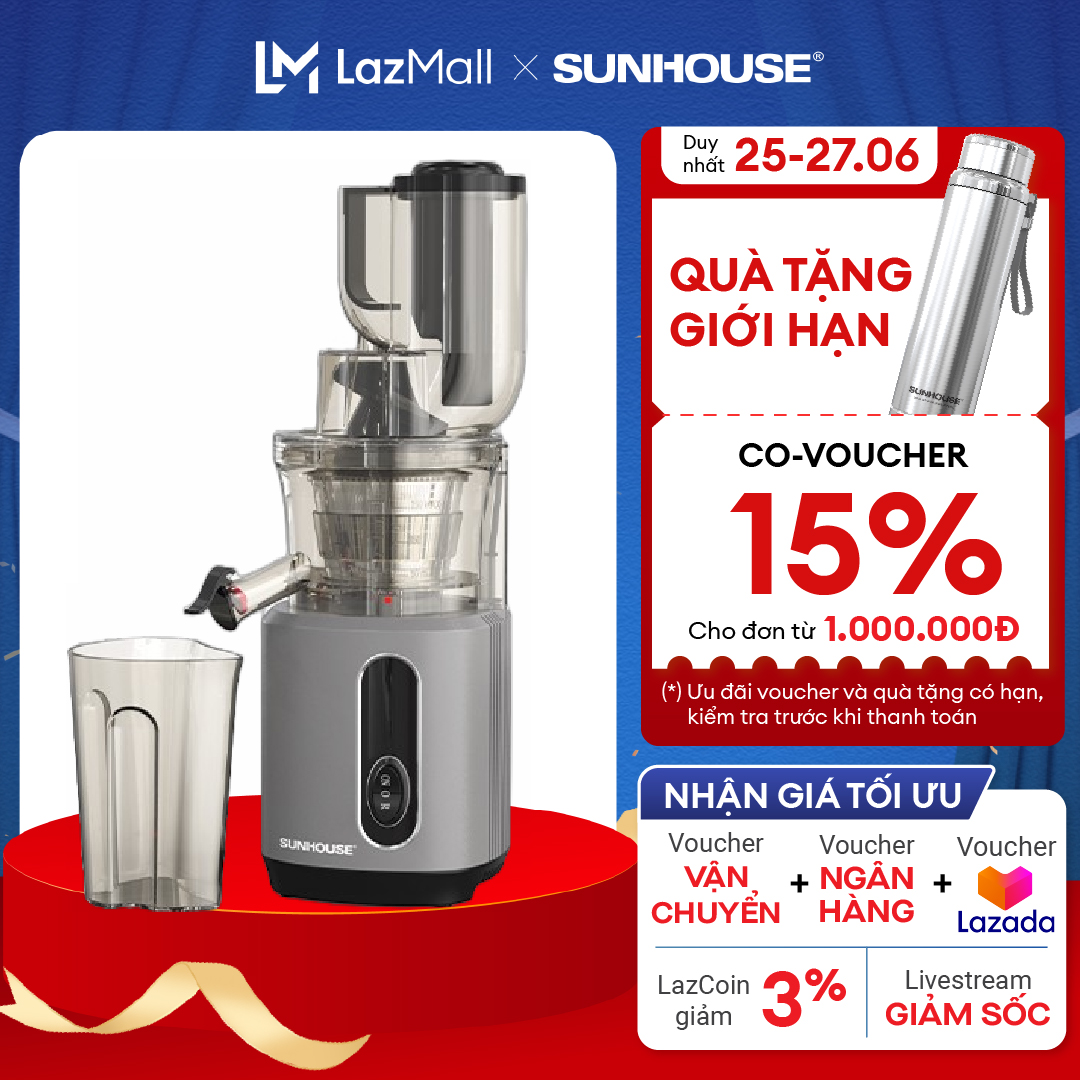 Máy ép chậm SUNHOUSE SHD5503 - Dung tích lớn - Công suất mạnh 240W - Cảm biến an toàn - Tự ngắt khi quá nhiệt - Bảo hành 12 tháng