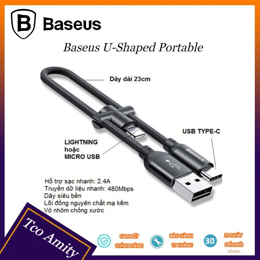 Cáp Sạc Nhanh Baseus U-Shaped Portable Dây Ngắn 23cm Cổng Type C Có Tích Hợp Thêm Cổng Lightning/Hoặc Micro USB T22 Tco Amity hỗ trợ sạc nhanh, truyền dữ liệu nhanh