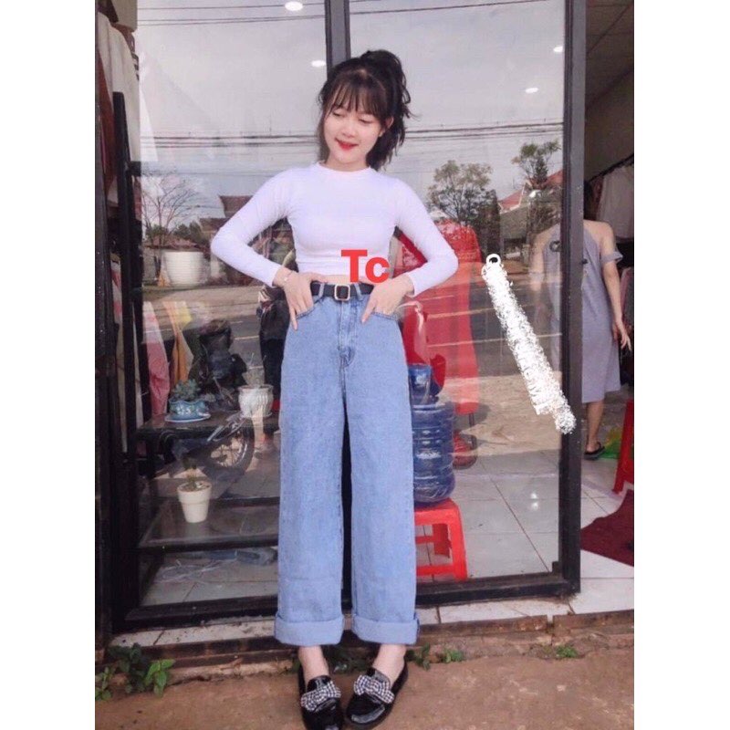 (RẺ VÔ ĐỊCH) Quần bò nữ ống rộng lưng cao tôn dáng che khuyết điểm chân, thời trang 1993