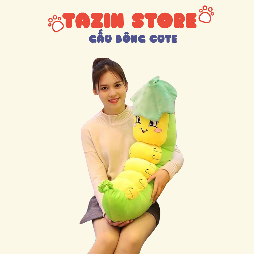 Gấu bông sâu khoai đội lá tazin shop, gối ôm sâu bông dễ thương