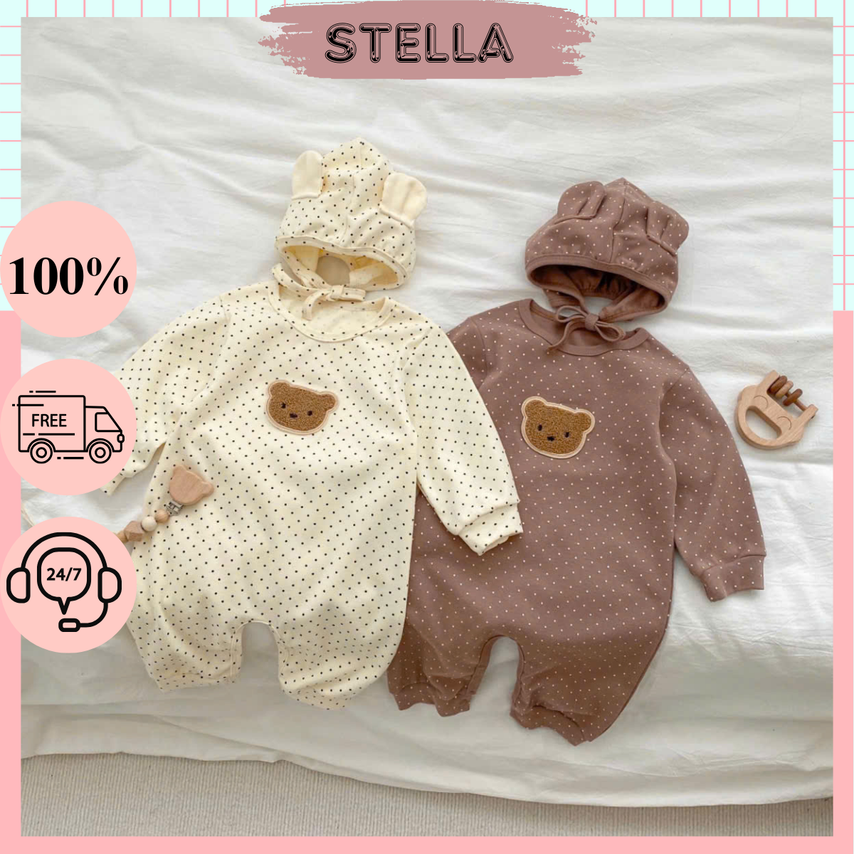 Set body dài tay gấu kèm nón bé trai, bé gái 4-10kg. Bộ đồ liền thân cho bé sơ sinh. Stella Boutique