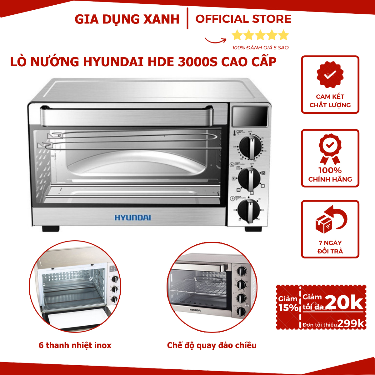 Lò nướng hyundai hde 3000s, dung tích 30l, 35l, 45l, 6 thanh nhiệt inox, kết cấu thép không gỉ, bảo hành 12 tháng!