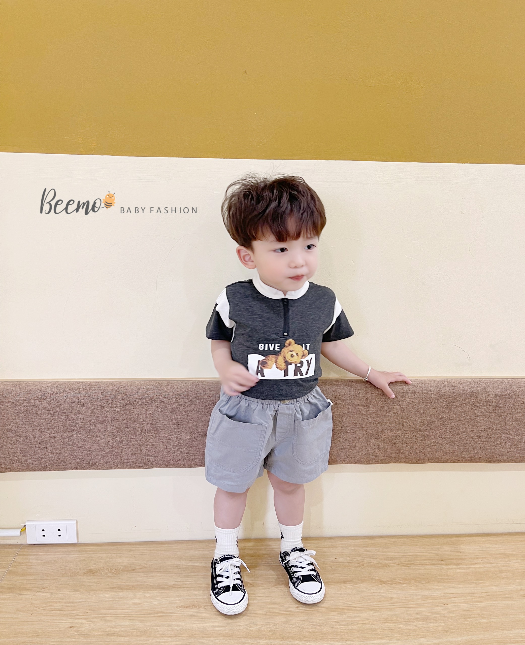 Set bộ quần áo Beemo cổ tàu kéo khoá in hình gấu Teddy chất liệu cotton mặc hè cho bé từ 1 7 tuổi 22426B