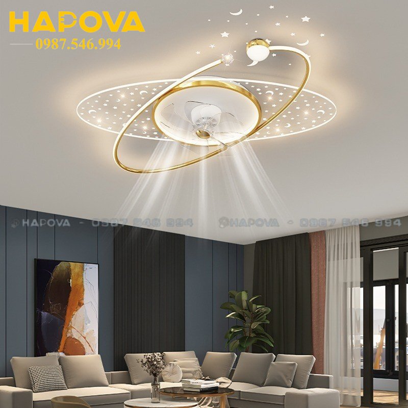Quạt ốp, quạt trần có đèn 8568 hapova màu vàng đường kính 600mm