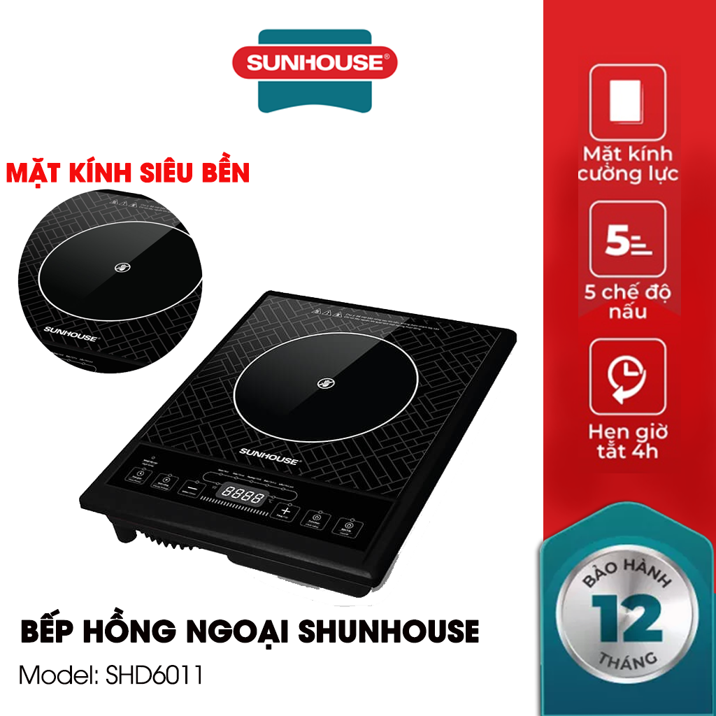BẾP HỒNG NGOẠI SUNHOUSE SHD6011Mặt bếp siêu bền chịu được nhiệt độ lên đến 600 độ C, Công suất lớn, 5 chế độ nấu linh hoạt