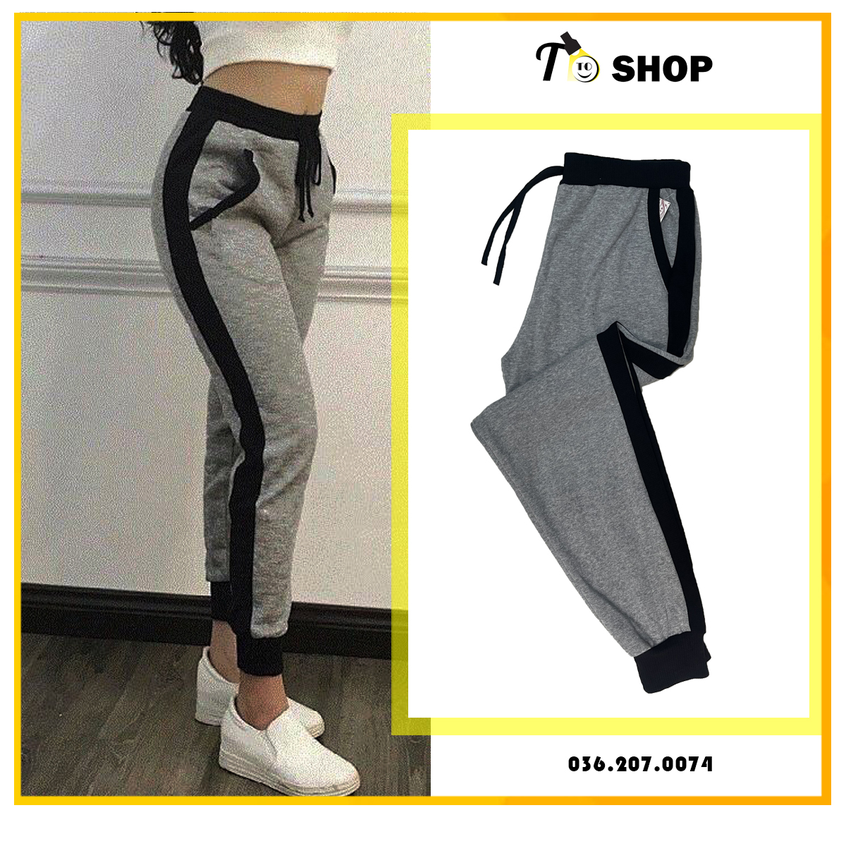 Quần jogger - quần jogger nữ bo xám phối đen vải mềm mại