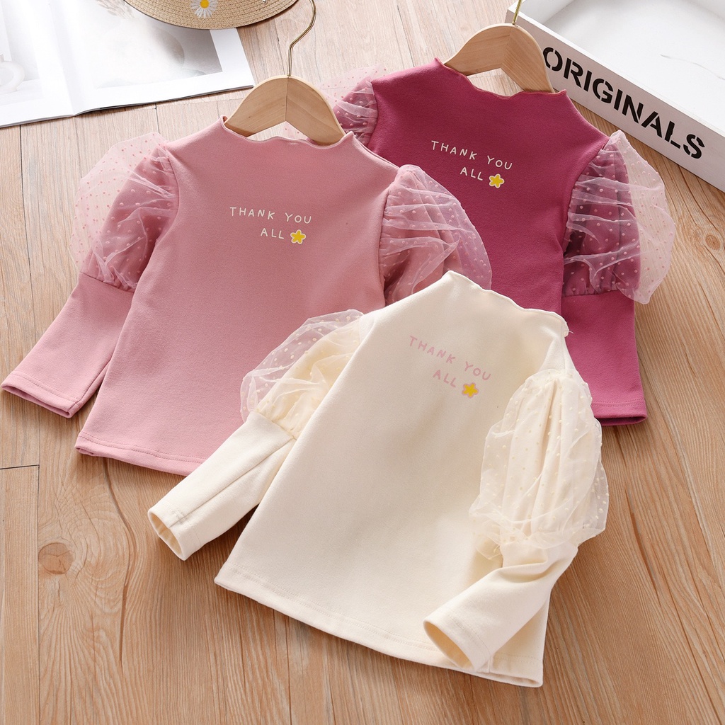 Áo thun dài tay cho bé gái diện thu đông Tay Bồng phối ren xinh dễ thương 8 - 20kg