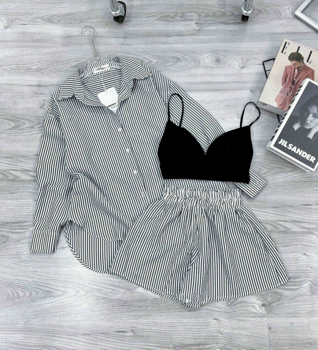 Sét bộ 3 món kate xốp kẻ sọc kèm áo lót cotton có mút ngực + quần đùi bo chun dễ thương mondx43