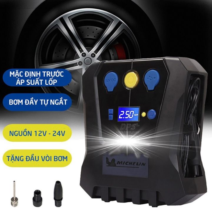 Bơm lốp ô tô michelin cao cấp 12266 - chính hãng michelin pháp - bơm tự ngắt, động cơ mạnh mẽ, bơm nhanh, có đèn led, màn hình lcd, sạc điện thoại được, tính năng hiện đại, tích hợp hút bụi, làm sạch ô tô, báo ngắt áp suất tự động