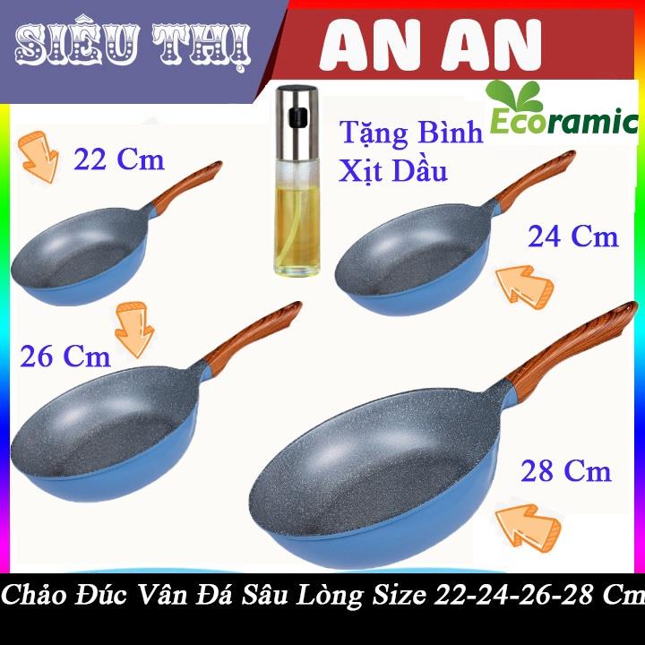 ℡♠  Chảo sứ ceramic ECORAMIC đáy từ vân đá chống dính 22 24 26 28 tay cầm chịu nhiệt tặng bình xịt dầu AN ANMART