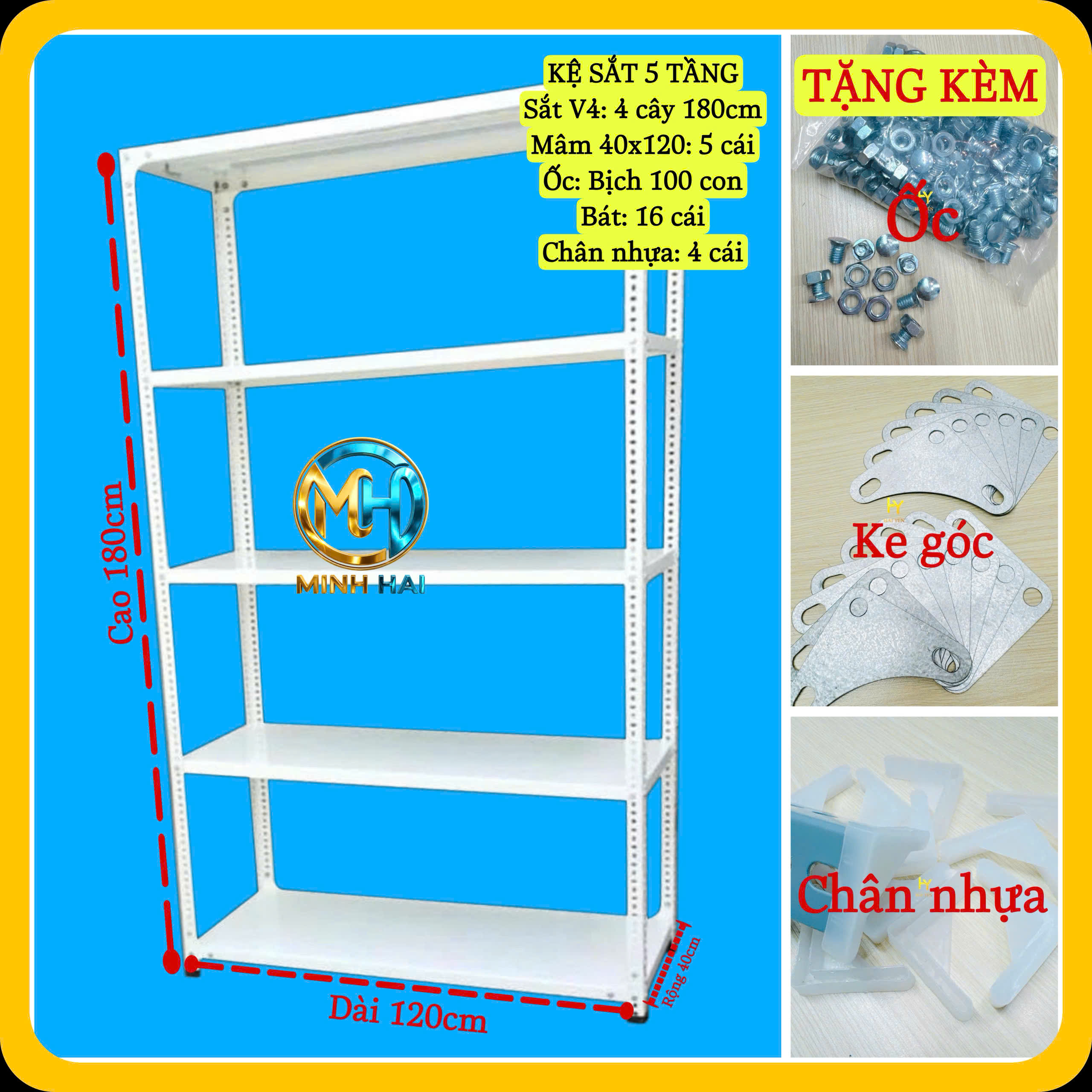 [TẶNG ỐC+BÁT+CHÂN NHỰA] Kệ sắt V lỗ Cao 180cm x Rộng 40cm x Dài 120cm - 5 tầng lắp ghép đa năng