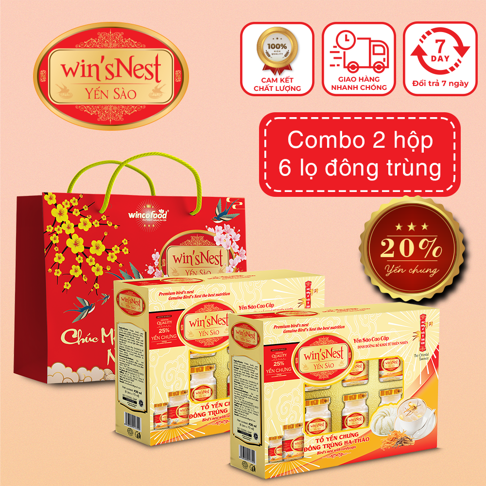 Combo 2 hộp Yến Sào wins'Nest 25% tổ yến chưng đông trùng hạ thảo (6 Lọ x 70 ml / Hộp) Túi Xuân