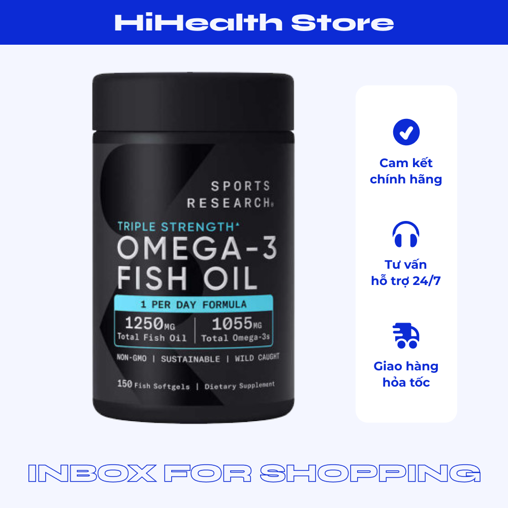 Dầu cá Sports Research Omega-3 Triple Strength hỗ trợ sức khỏe tim mạch, não bộ 150 viên mẫu mới Chính Hãng