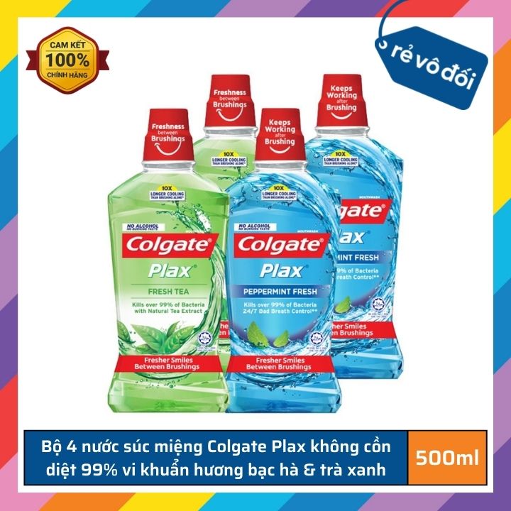  Bộ 4 Nước súc miệng Colgate Plax không cồn diệt 99% vi khuẩn hương bạc hà và hương trà xanh 500mlx4 - Thái Lan 