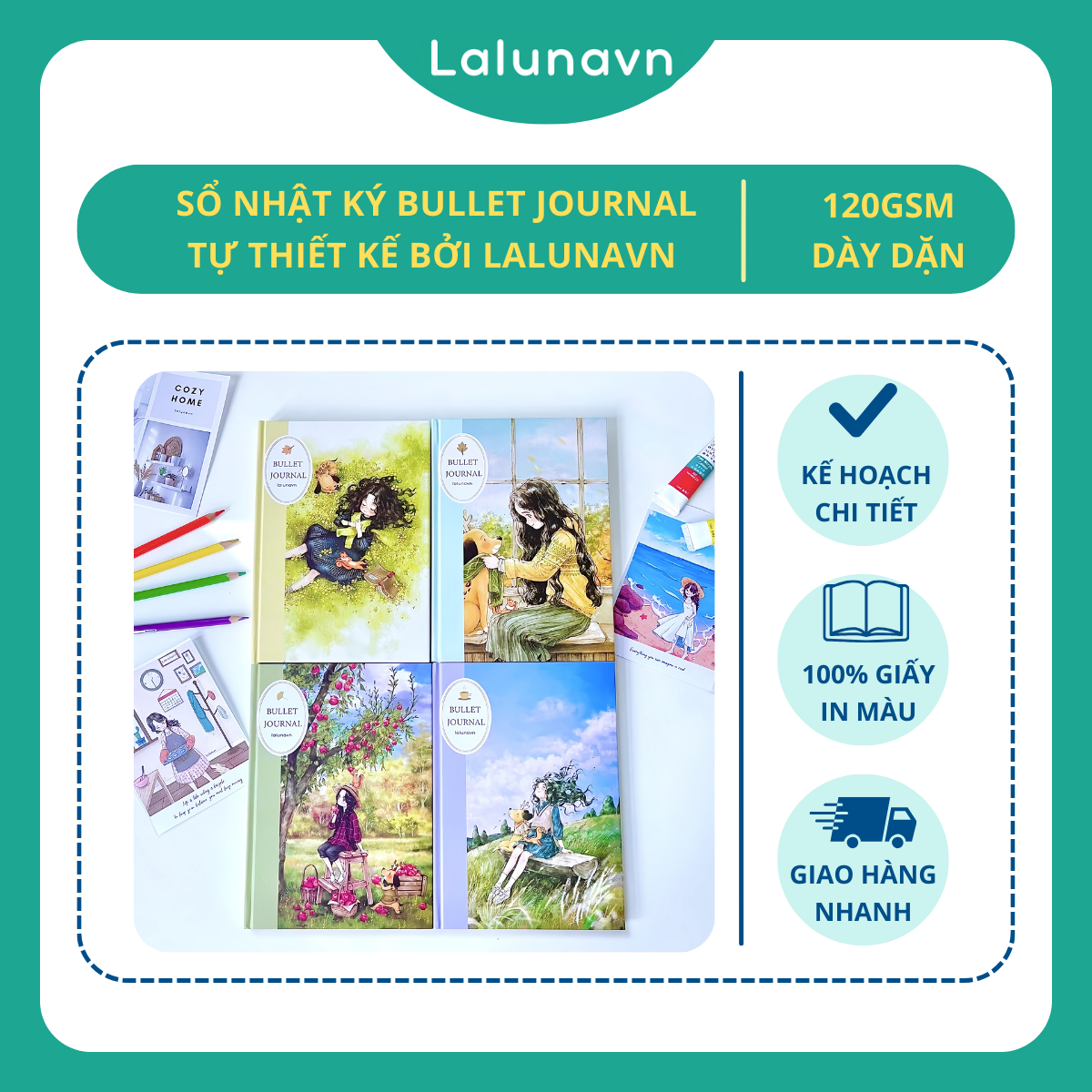 Sổ tay ghi chép nhật ký Bullet Journal thiết kế A5 planner kế hoạch Lalunavn vintage cute dễ thương