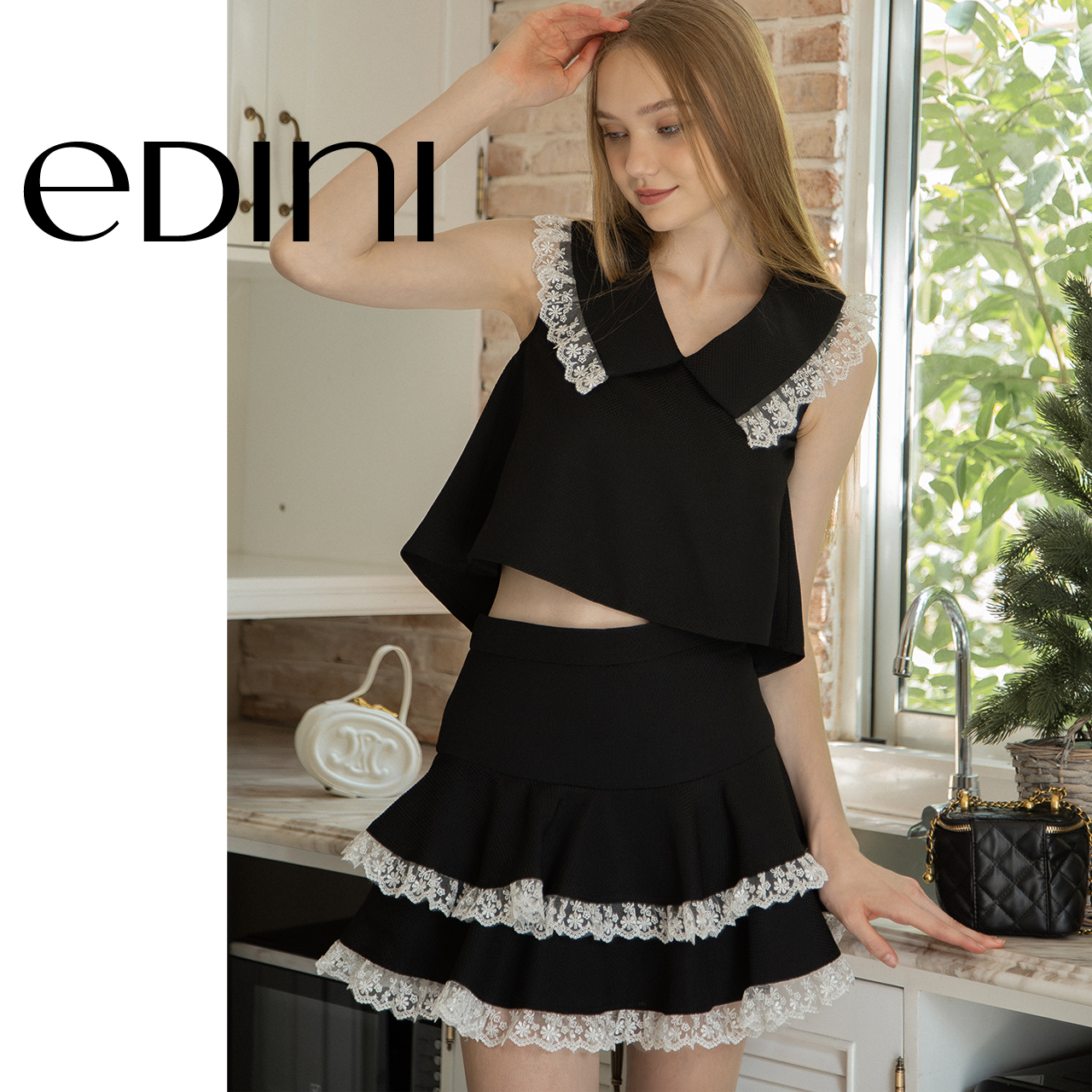 Set áo sát nách và chân váy viền bèo tiểu thư - edini - a1598 - v458