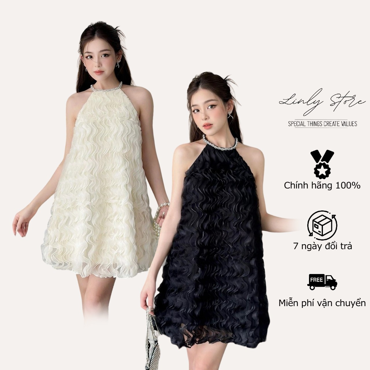 Váy kiểu nữ cổ yếm phối cổ đá dáng xòe Linly Store V-VPC4