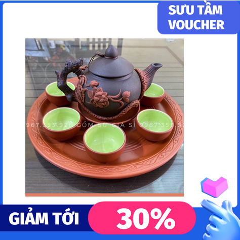 [Bát Tràng]Bộ ấm chén uống trà tử sa Bát Tràng- Hàng Đắp Tay Khay Tròn