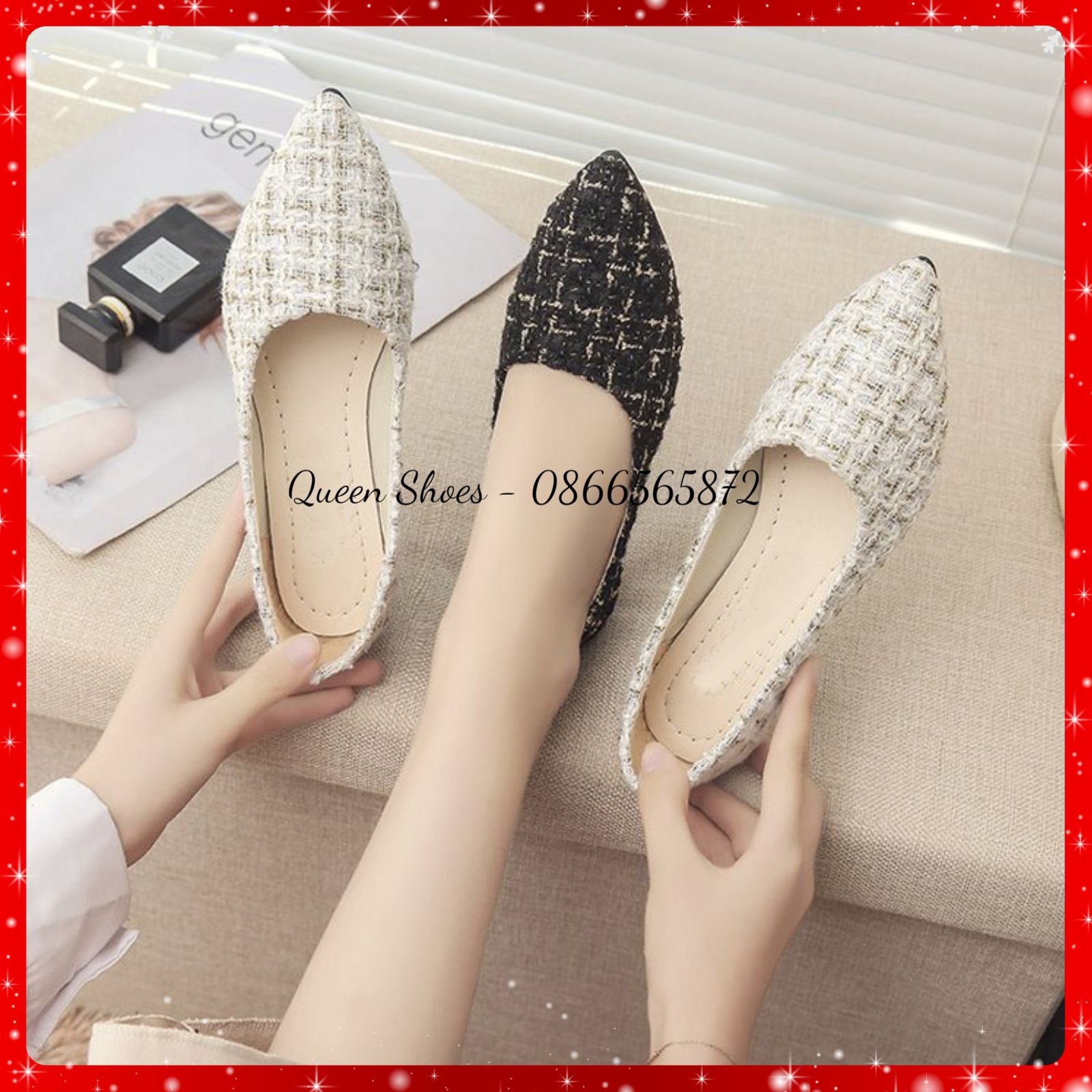 Giày búp bê nữ - giày bệt nữ đế bằng mũi nhọn kẻ caro đế cao su đúc siêu mềm