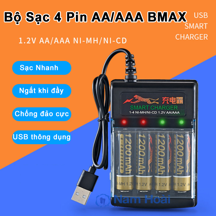 Bộ sạc pin aa aaa bmax 4 khe pin - bộ sạc pin tiểu - pin sạc aa aaa hàng chính hãng