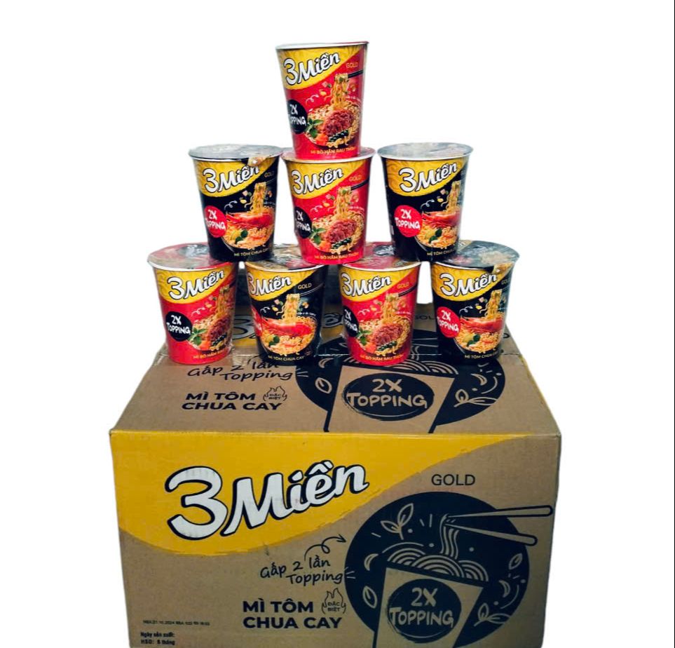 Thùng 24 ly mì 3 Miền GOLD gấp 2x Topping với 2 vị (Bò hầm rau thơm, Tôm chua cay) 65gr