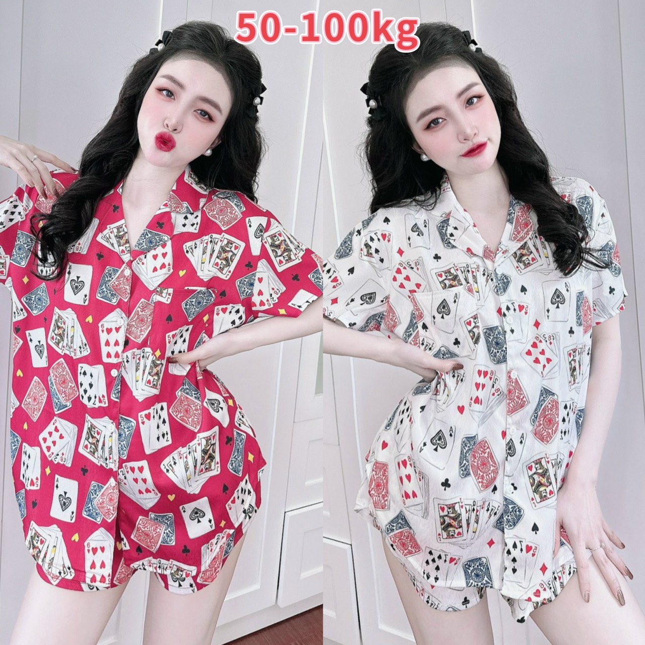 Bộ đồ ngủ mặc nhà bigsize quần đùi tay ngắn chất lụa xước thiết kế in 3D hình bài tây