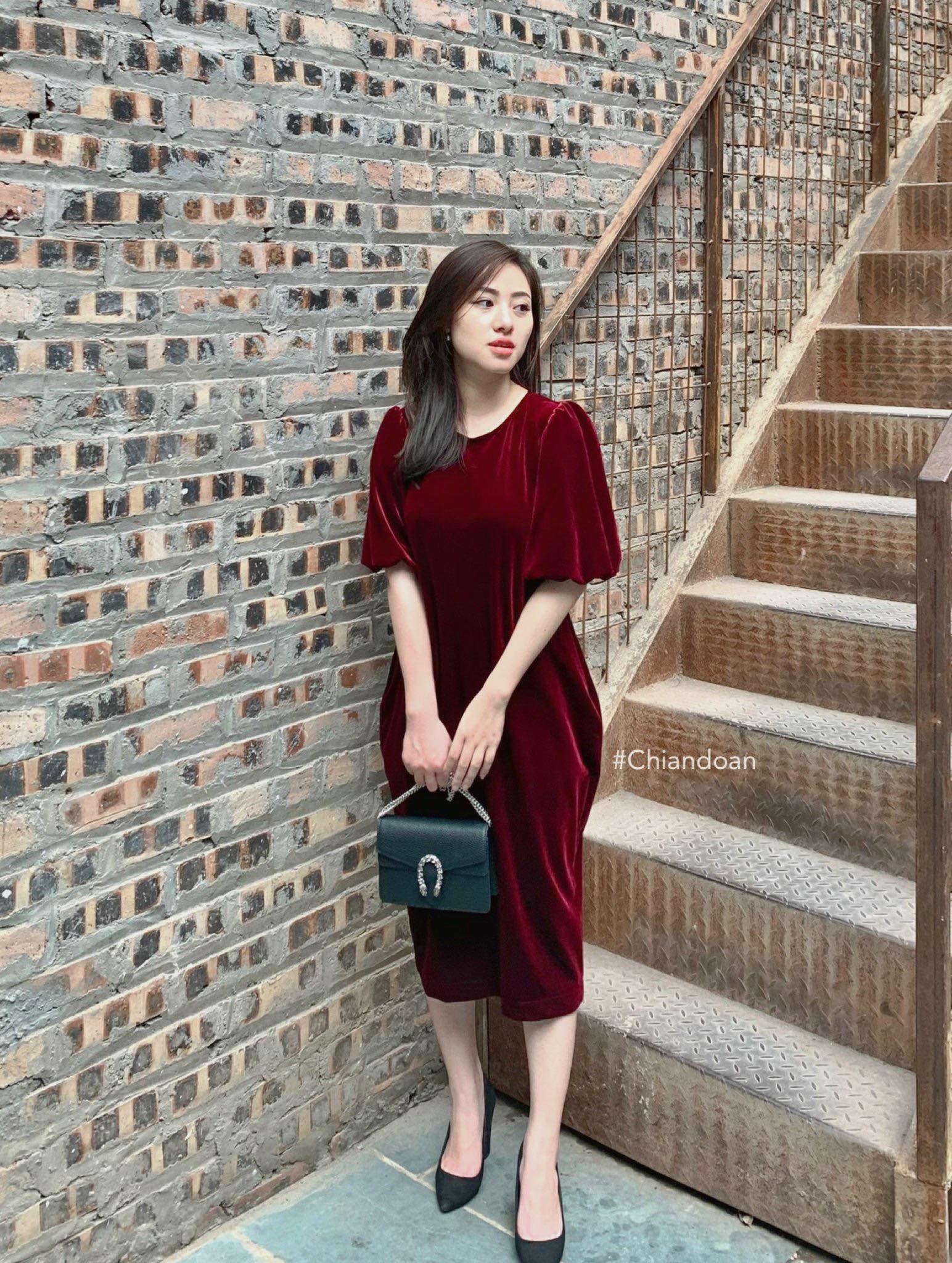 Váy Resy nhung tay phồng cách điệu