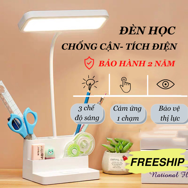 Đèn học, đèn học để bàn kèm ống bút chống cận hiệu quả 3 chế độ sáng đèn toki