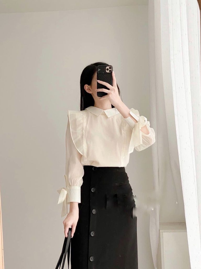 Áo sơ mi công sở nữ - áo sơ mi tơ óng cổ đức bèo vai tay buộc nơ 2 lớp 068