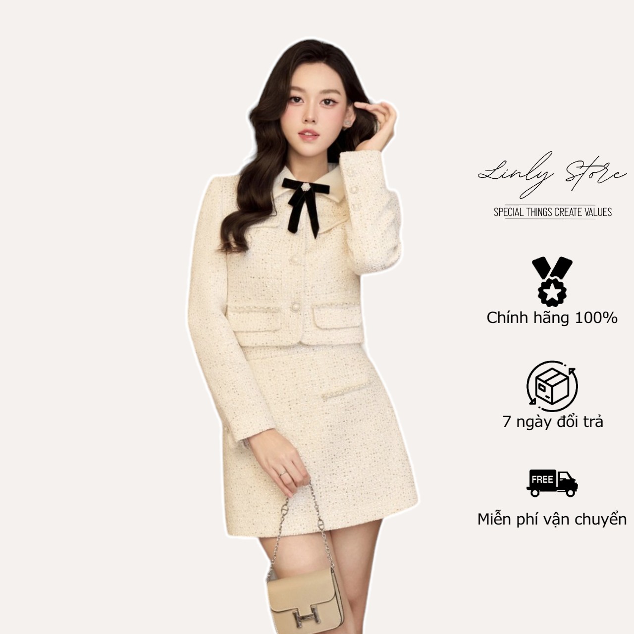 Set áo vest nữ chất dạ tweed kem cổ phối nơ, chân váy ngắn Linly Store