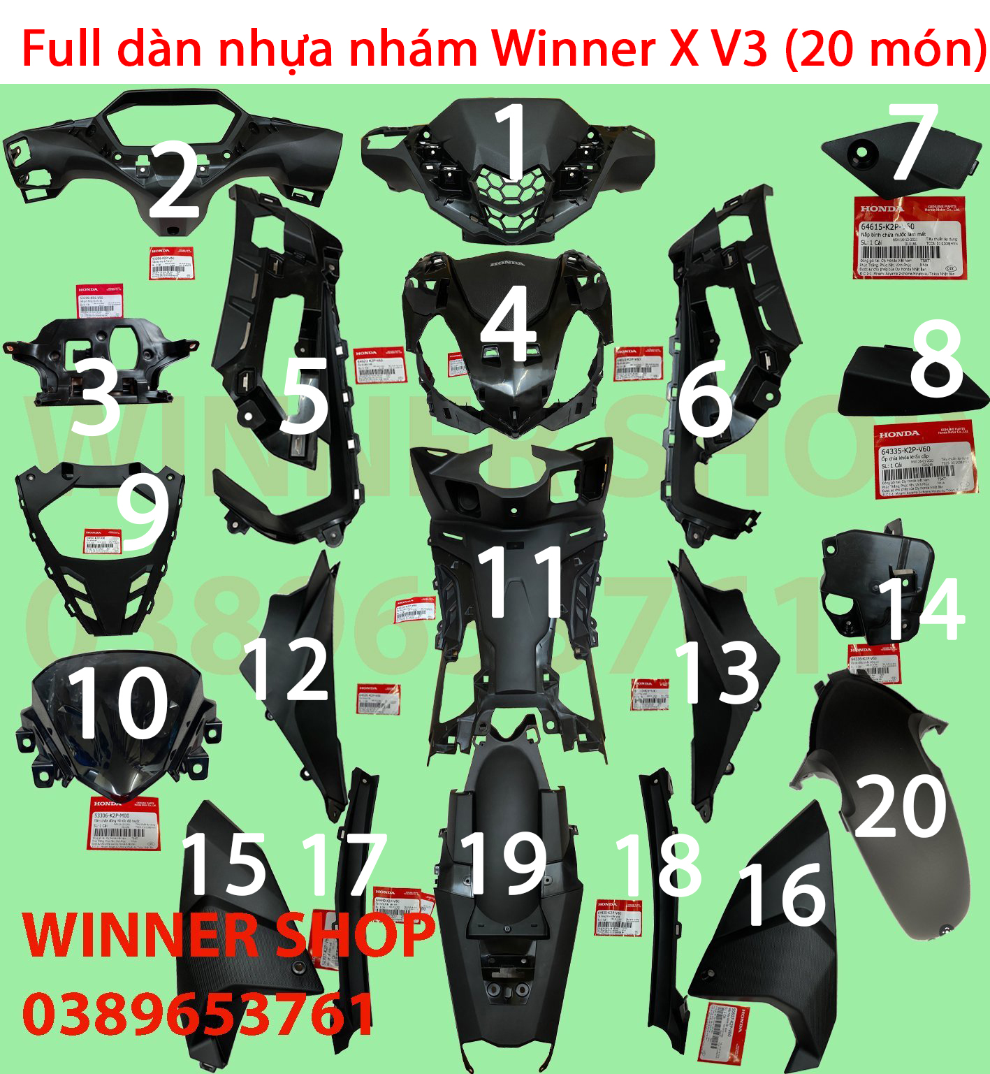 Full Dàn áo nhựa nhám Winner X 2022 (Winner V3) Zin chính hãng Honda (20 món)
