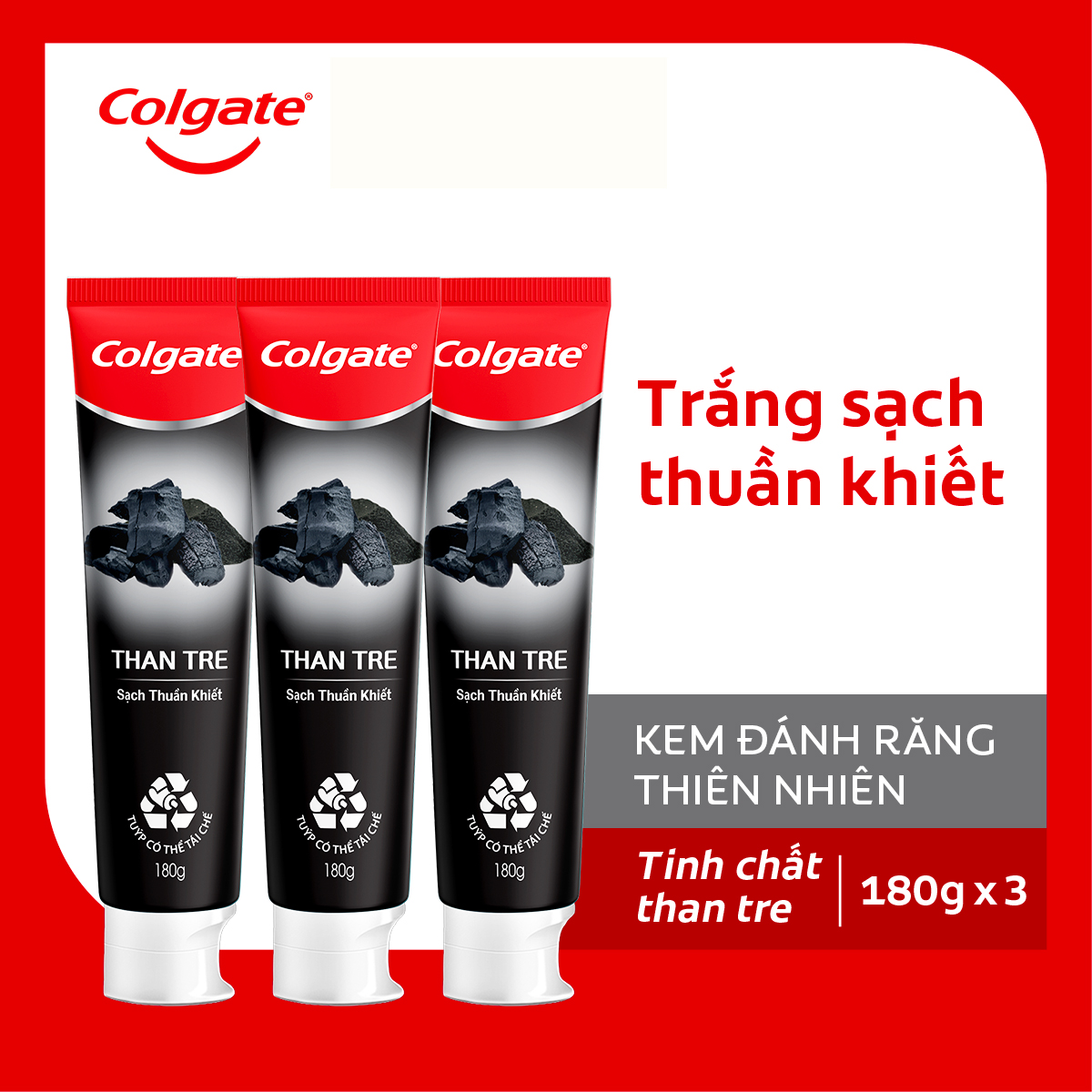 Bộ 3 Kem đánh răng Colgate thiên nhiên khử mùi diệt khuẩn từ Than tre Hàn Quốc  bạc hà 180g/ tuýp