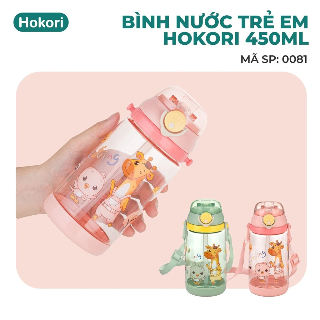 Bình nước cho bé chống tràn có ống hút cho bé đi học đi chơi Hokori 0081 450ml