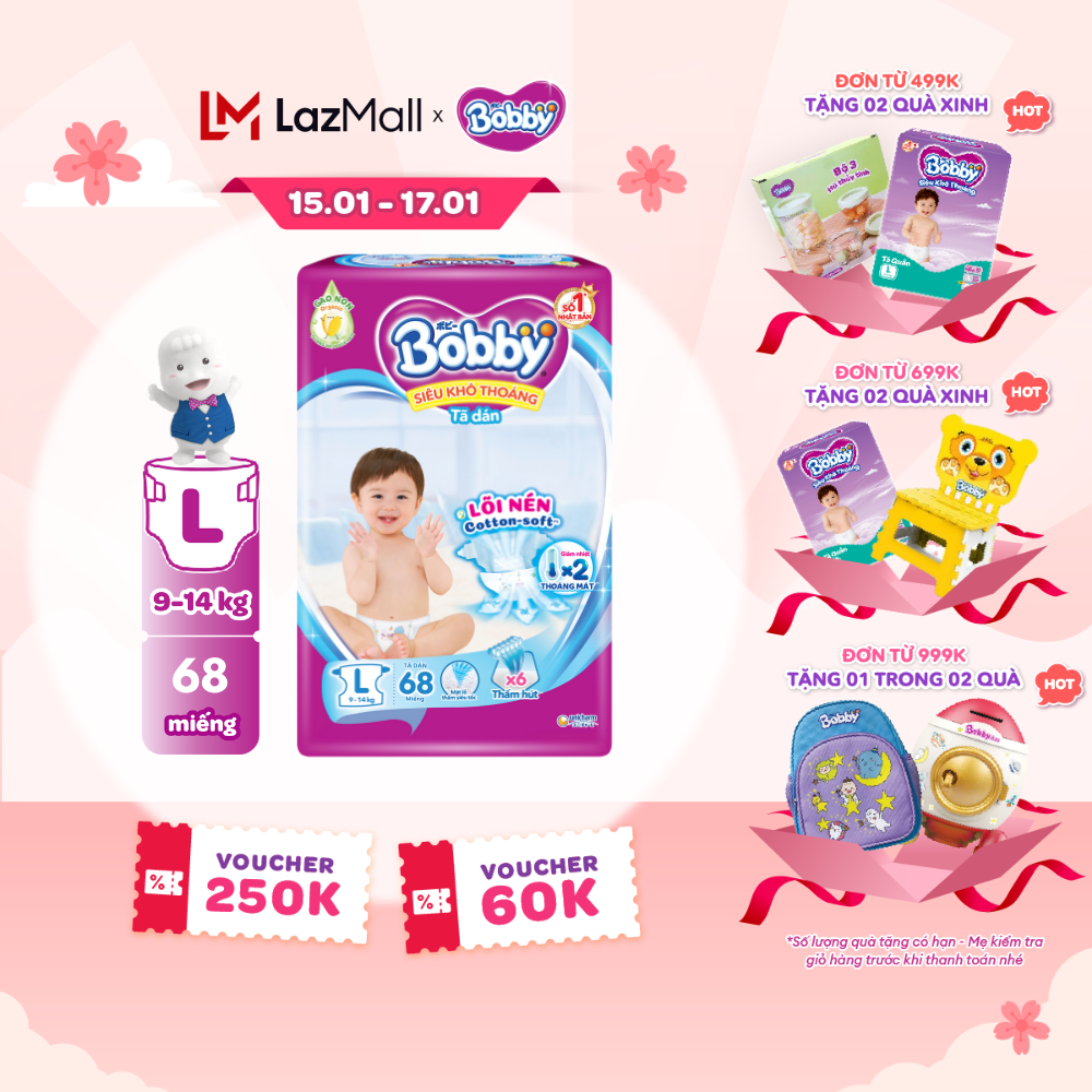 [CHỈ 15-17.01 QUÀ TẶNG ĐH 499K] Tã/Bỉm dán Bobby 3mm Ultra Jumbo Gạo non Giảm nhiệt L68