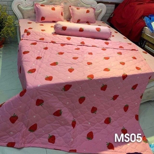Bộ Chăn Ga 5 món- 4 món cotton poly trái Dâu hồng siêu dễ thương ( 1m6 x 2m ) - ( 1 drap + 1 vỏ gối ôm + 2 vỏ gối nằm + 1 chăn hè )