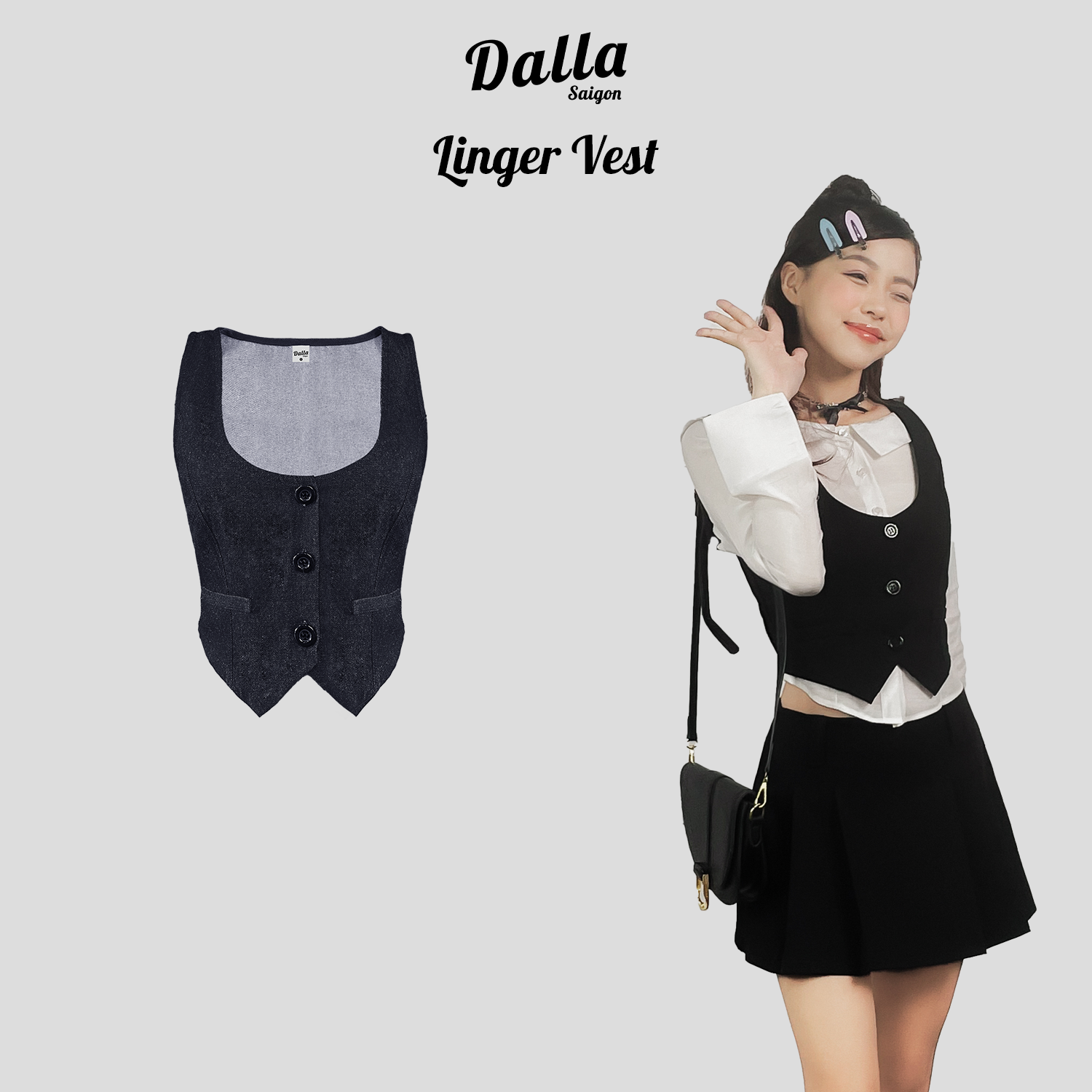 Dalla áo gile nữ cổ vuông cài khuy