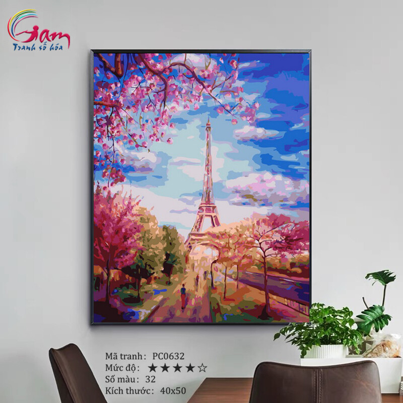 Tranh sơn dầu số hóa DIY tự tô màu Phong cảnh Châu Âu - Mã PC0632 Paris Mùa xuân Tranh Trang trí hiện đại Làm quà tặng và Giảm Stress