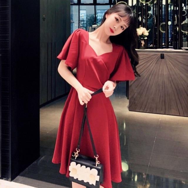 [HCM]Đầm đỏ cổ V xếp li eo - Đầm nữ dự tiệc dạo phố dễ thương