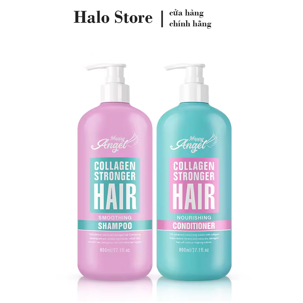 Dầu gội dầu xả tóc collagen angel happy 800mlx2 - bộ dầu gội cặp phục hồi tóc hư tổn khô xơ siêu mềm mượt hương nước hoa