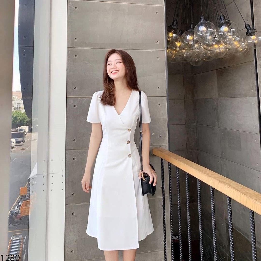 Đầm dự tiệc cổ V phối nút gỗ thời trang nữ, có size to cho người dưới 70kg