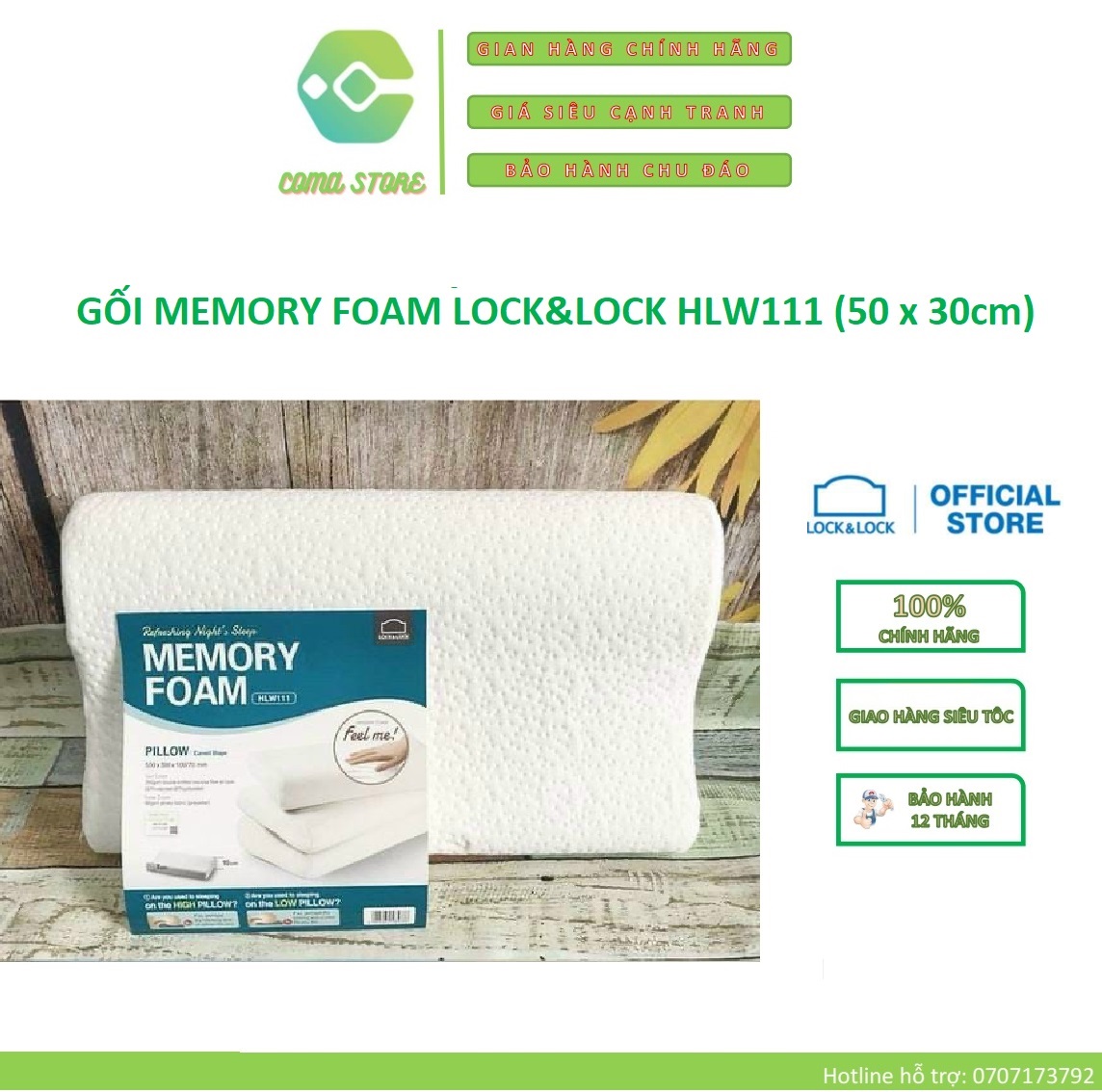 Gối memory foam 50d hình cong lock&lock hlw111 màu trắng – hàng chính hãng