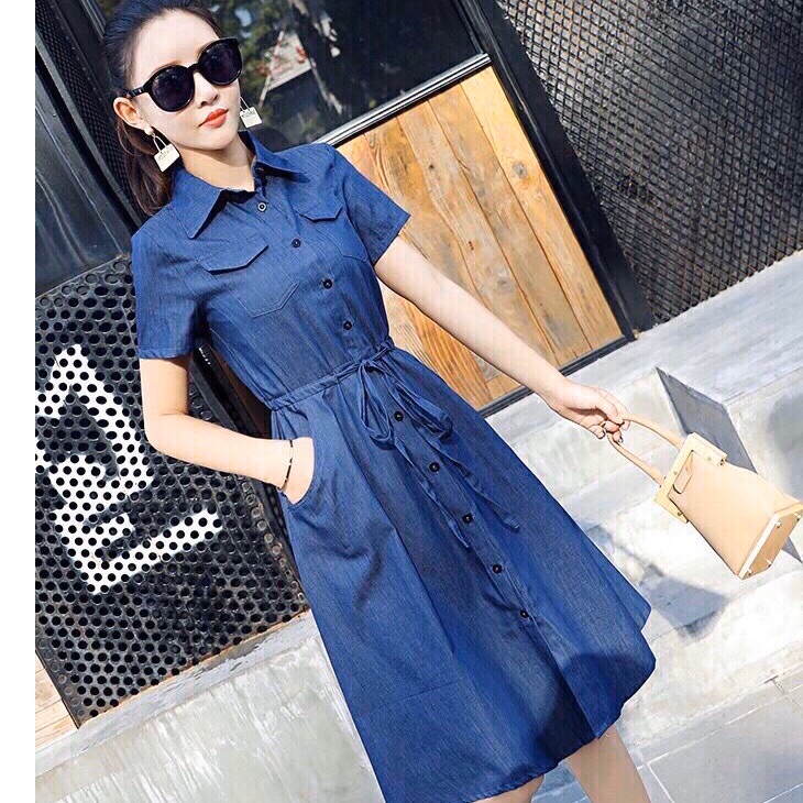 Đầm jean xoè eo dây rút