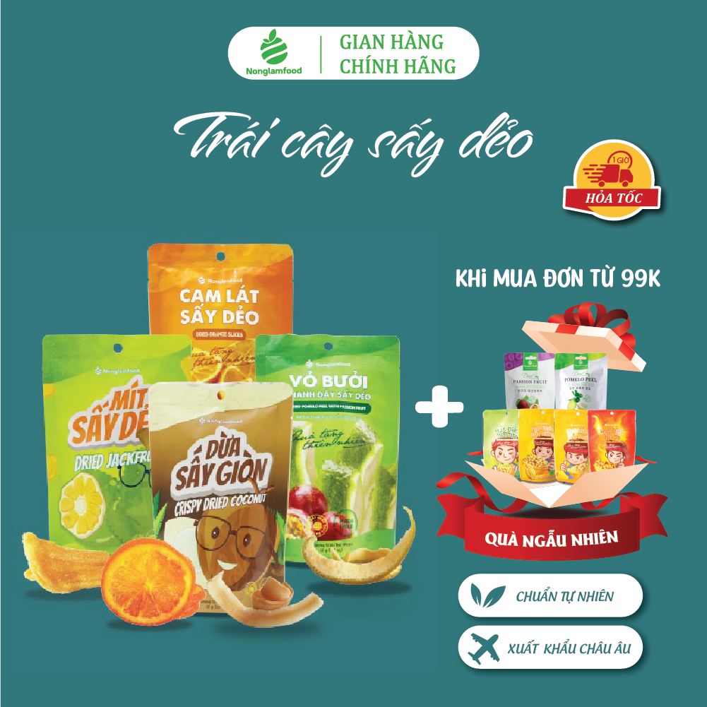 Trái cây sấy ăn vặt tăng đề kháng Nonglamfood (Cam lát 45g, Mít 45g, Bưởi chanh dây 45g, Dừa giòn 45g)